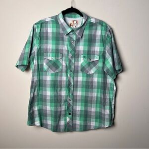 Men’s OP short sleeve button-down plaid double pocket shirt Green, gray & white
